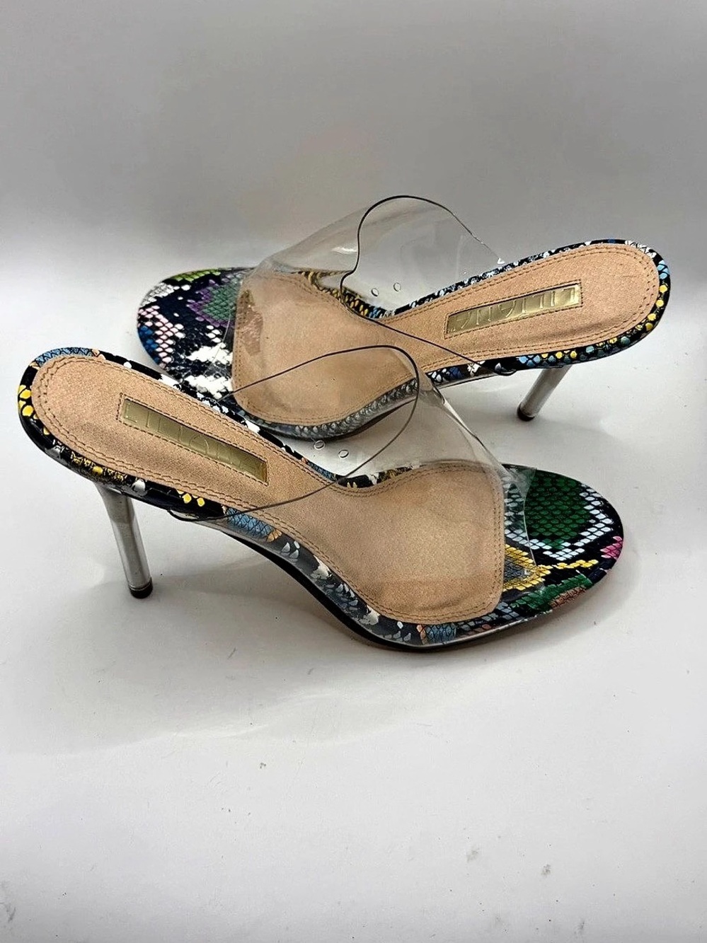 Liliana Multi Snake Print Clear Strap Stiletto Heels Mule NWOT